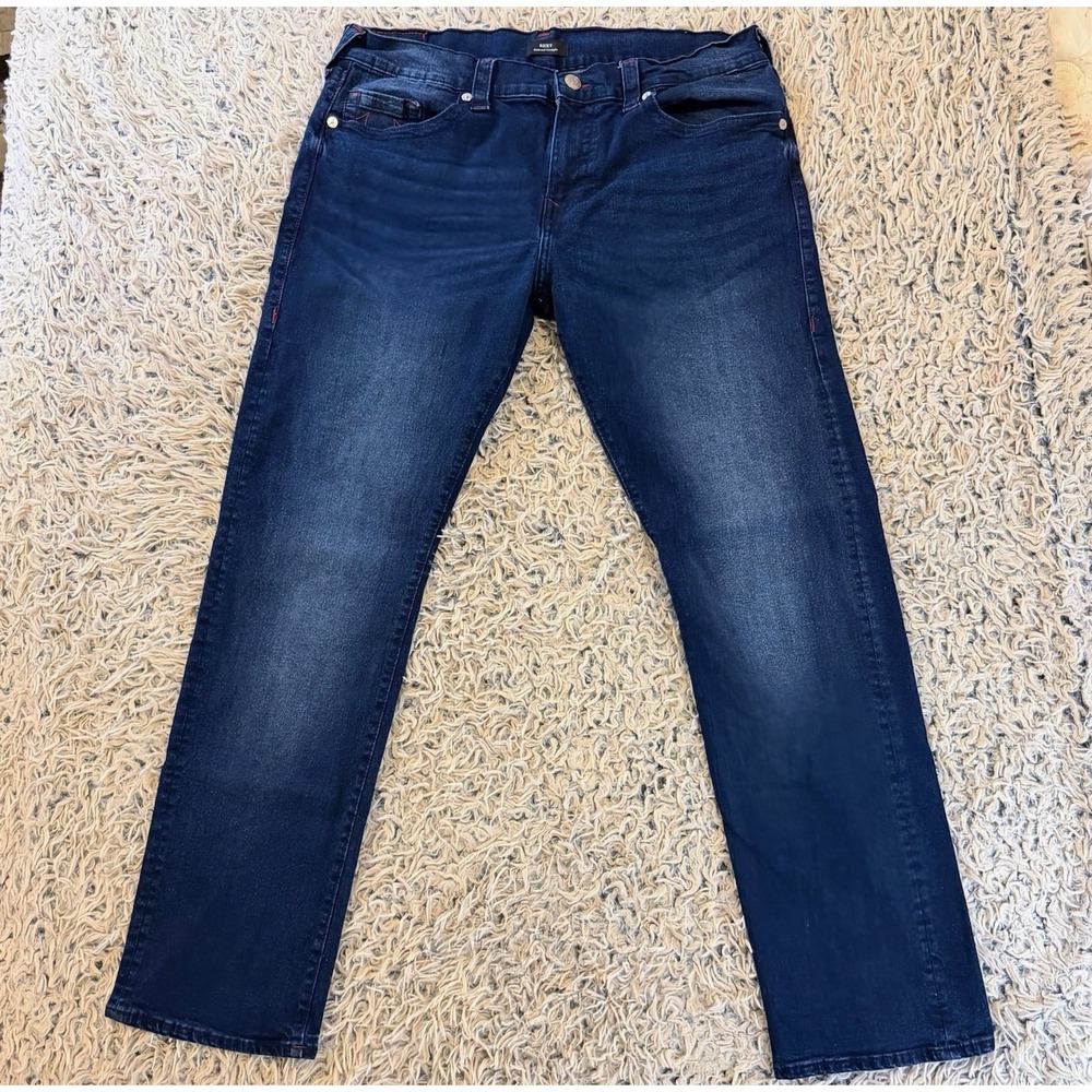 True Religion Ricky Jeans 38x33 Relaxed Straight Blue Stretch Denim Red Contrast